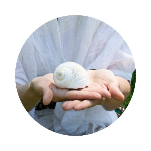 Magnétisme et énergie avec ELLAHNOE : un coquillage dans les mains de Noémie.